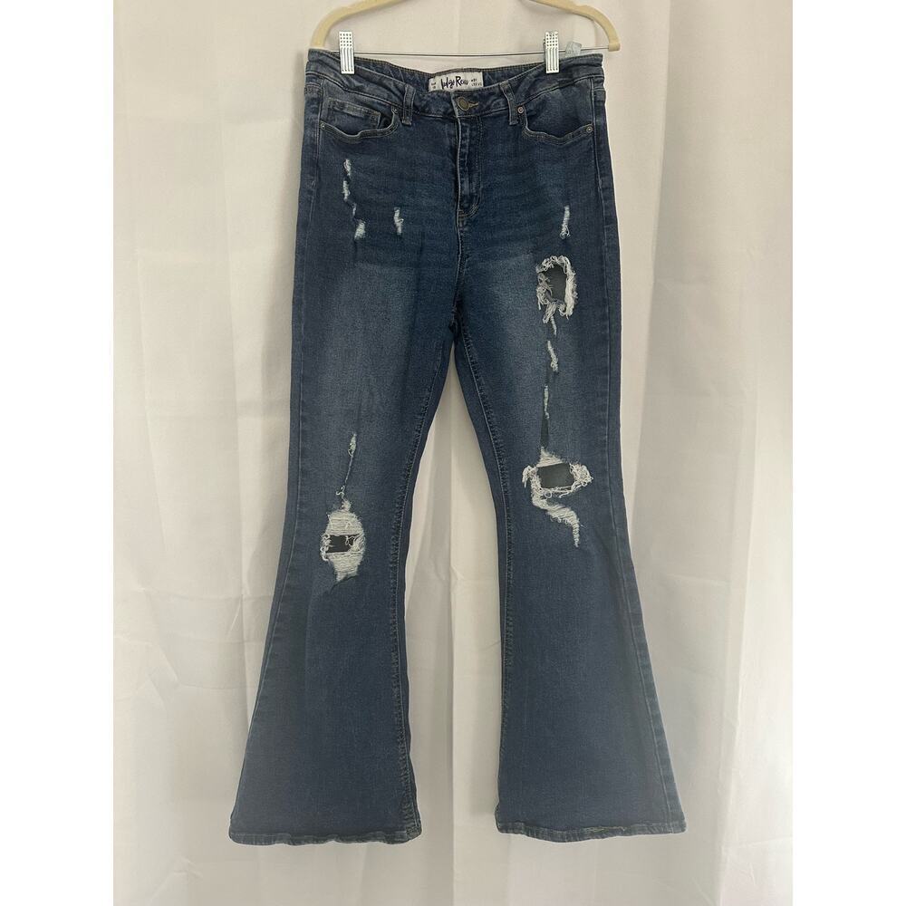 Indigo Rein Jeans Womens sz 15 Blue High-Rise Flare Denim Distressed